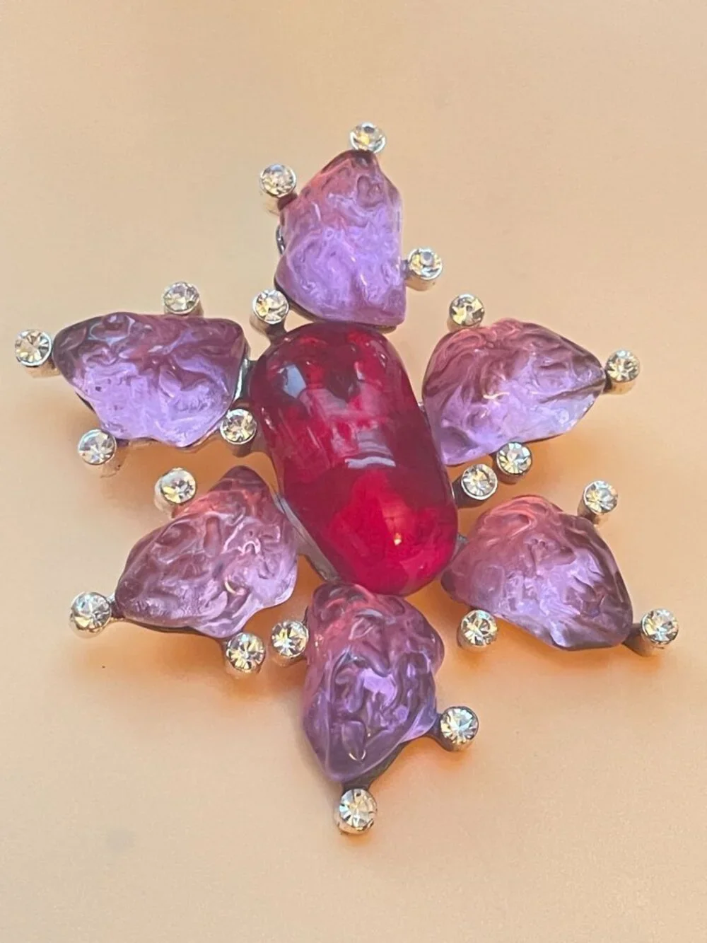 Vtg Cecile & Jeanne Poured Glass Brooch Pendant Gripoix Style W/ Pink Glass & Rh